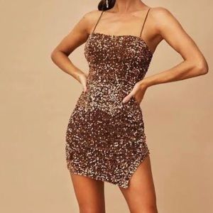 Sage + Paige sequin brown spaghetti strap mini dress with slit hem